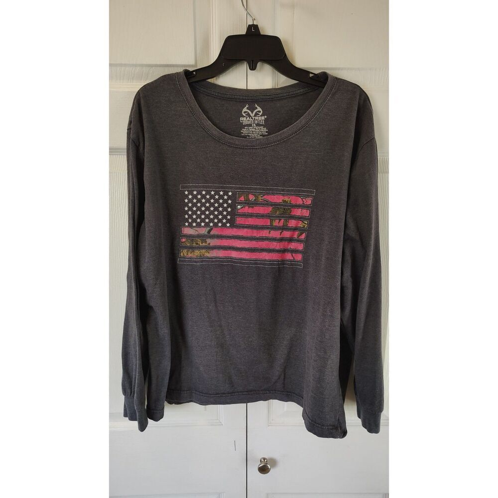 Realtree by Crooked Antler Pink Camo American Flag Long-Sleeve Top 2X